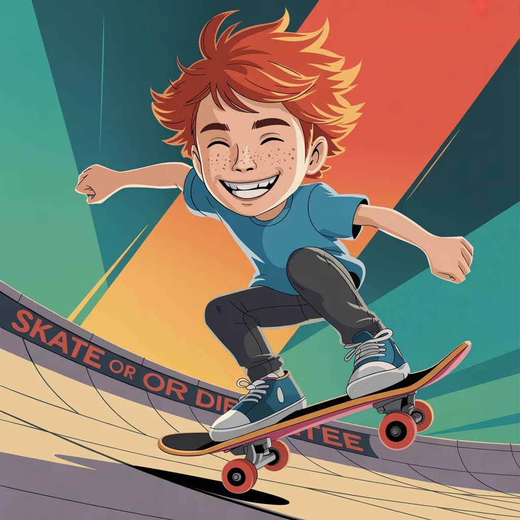 A cel-shaded portrait of a freckled skateboarder, messy red hair, bright grin.