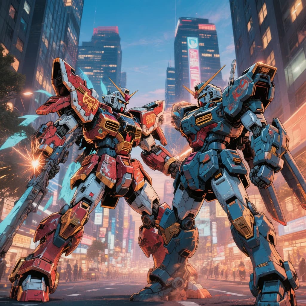 Make a cel-shaded mecha duel at dusk downtown.