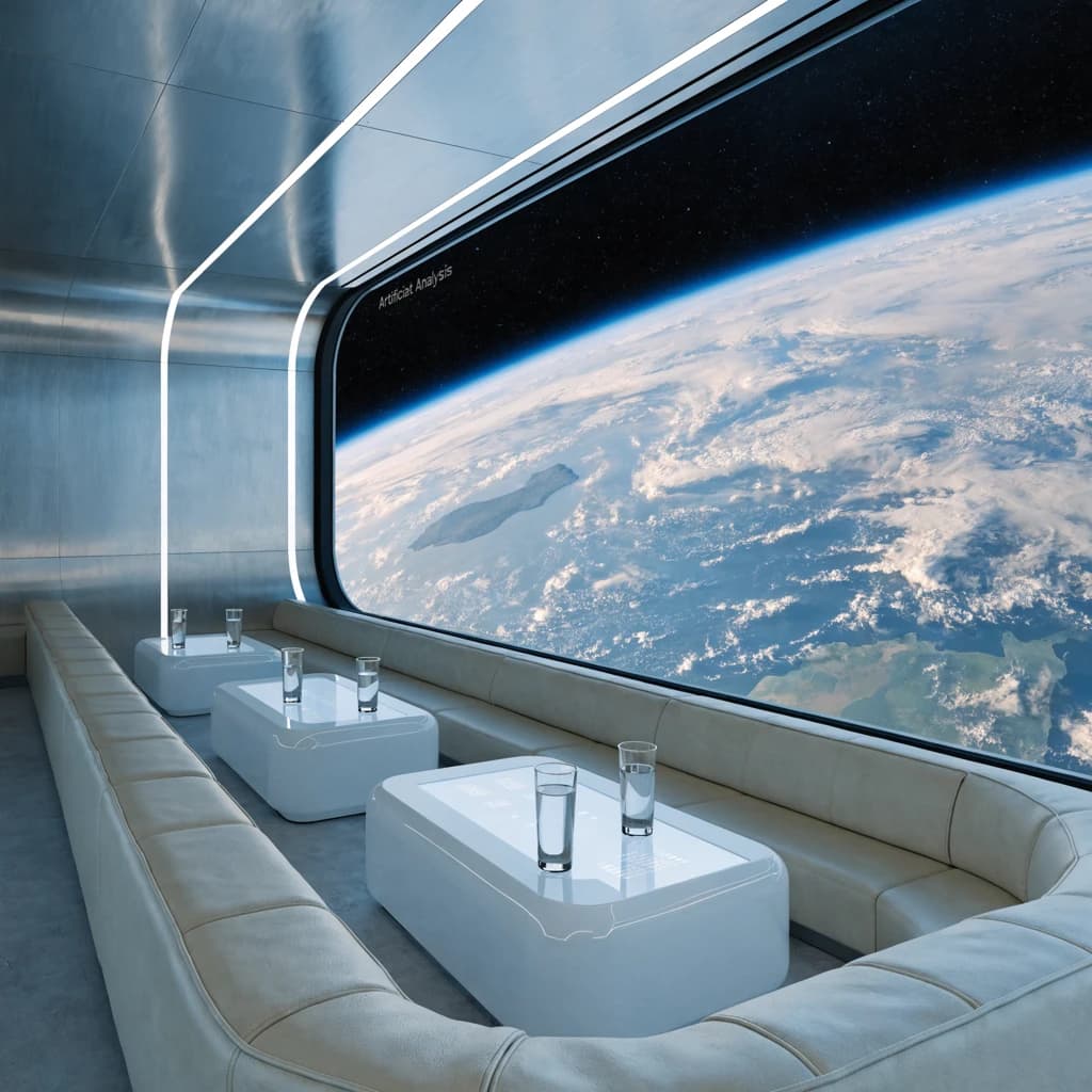The orbital lounge has brushed aluminum walls and pale leather banquettes. Low white tables are inset with glowing touchscreens. Drinks are clear, flavorless, in tall unmarked glasses. The viewport is floor-to-ceiling, showing Earth moving slowly beneath. The word Artificial Analysis is etched discreetly on the glass in a frosted band.