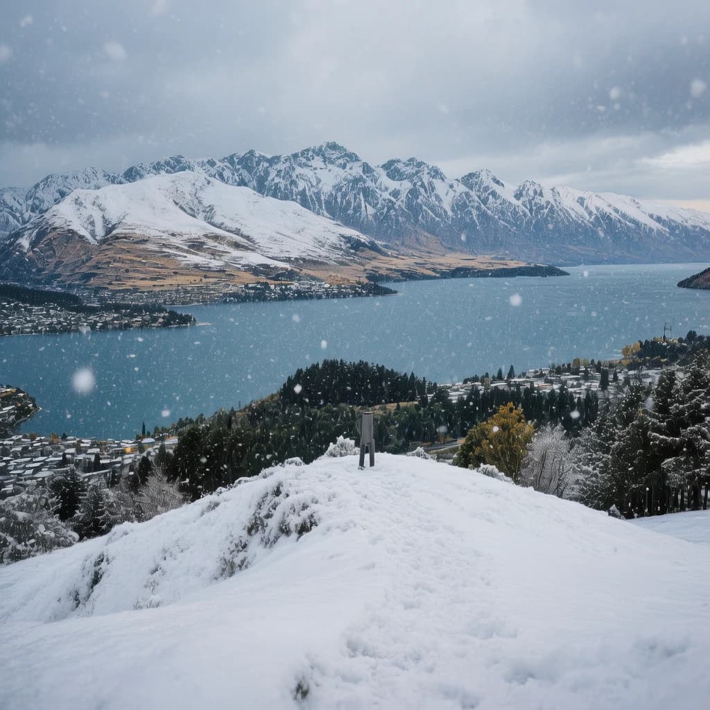 Queenstown's Lake Wakatipu, viewed from the top of Queenstown Hill after a snowstorm just dusted the top of Cecil's Peak