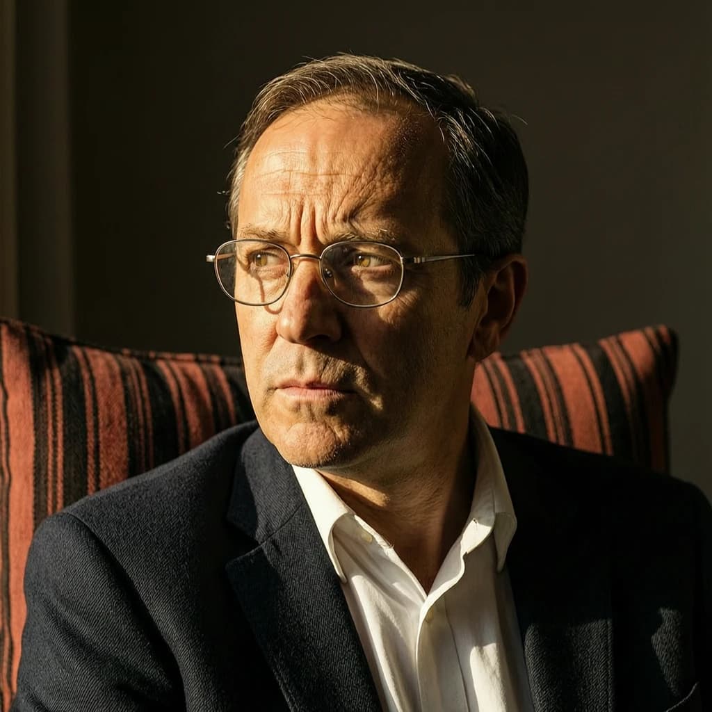 A sharply lit portrait of a middle-aged man wearing thin-rimmed glasses and a dark jacket over a white collared shirt. He gazes intently to the side, his face half illuminated by warm light while the background recedes into deep shadow. The expression is thoughtful, almost wary, as if caught mid-conversation. Behind him, a striped cushion in muted reds and blacks adds subtle texture, contrasting with the crisp highlights on his forehead and glasses. The overall mood is contemplative and cinematic, balancing warmth with tension.