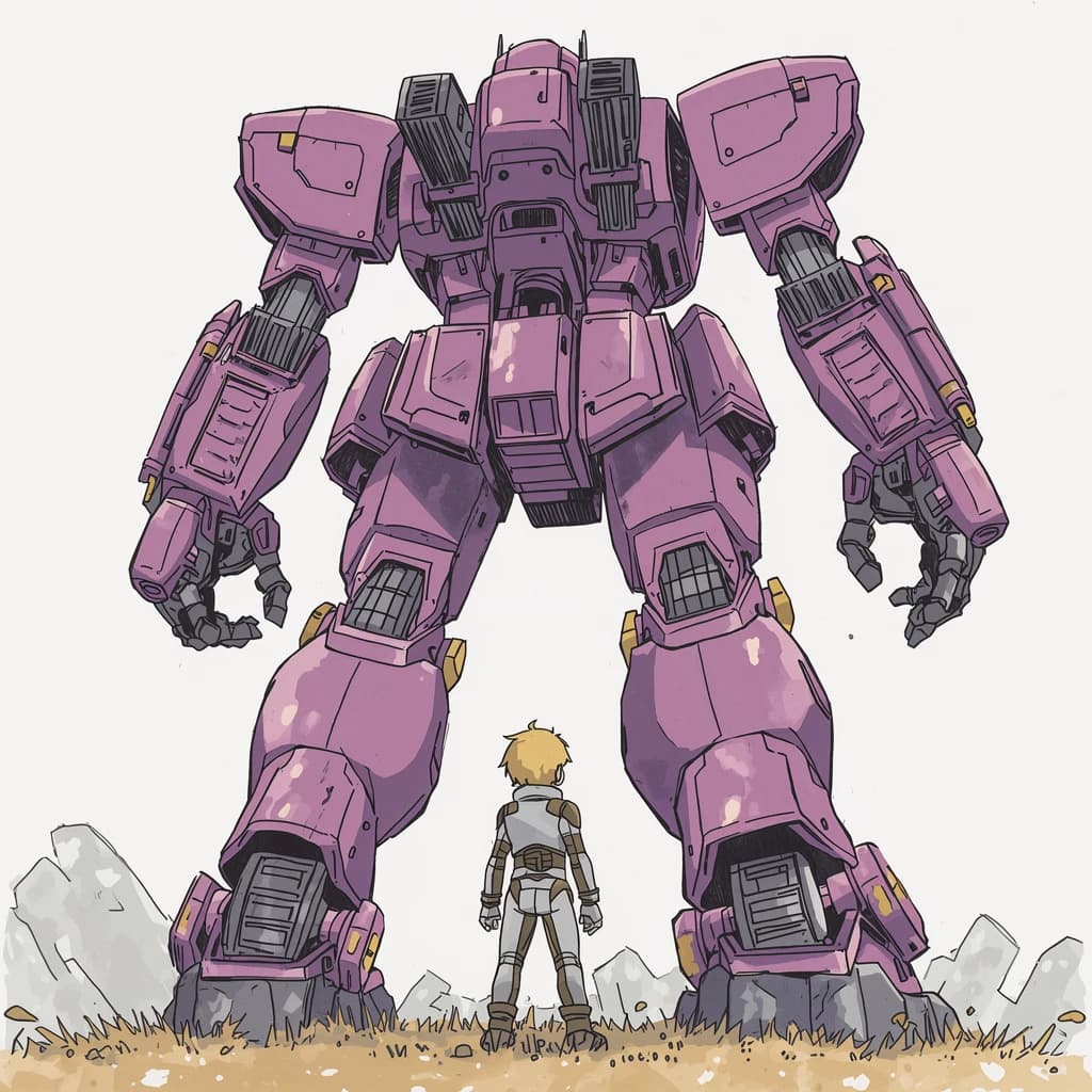 Clad in his body suit up to the neck, young Masa nervously approaches the towering mech with his back facing us. He is nervous for his first time in the field. The mech's bright purple colour scheme contrasts with the grey body suit. The scale of the mech dwarfs Masa. Hand drawn style
