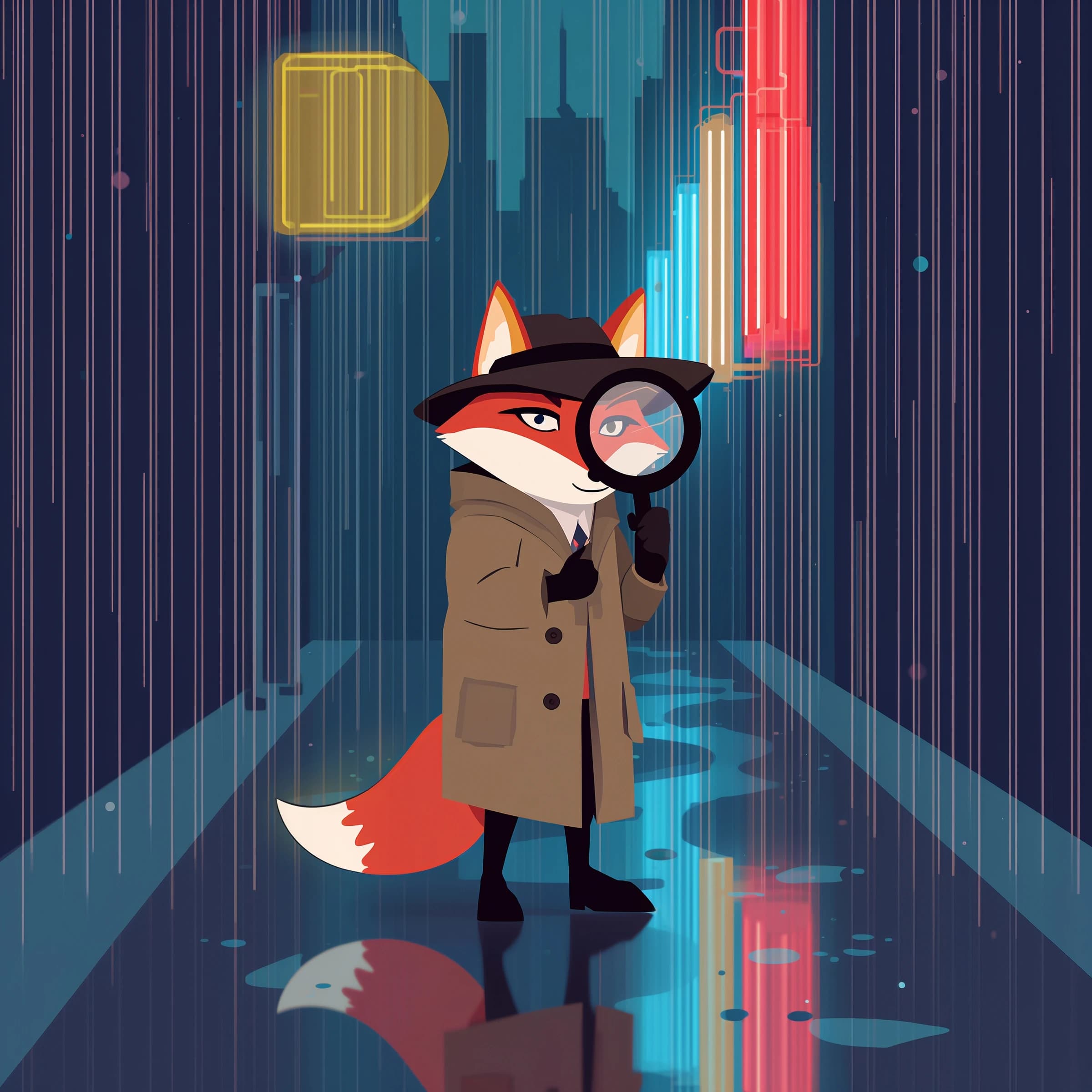 A fox detective stands in a rainy neon alley, bold outlines, flat colors, oversized magnifying glass; a bit moody, puddles reflect signs, raindrops like small dashes.