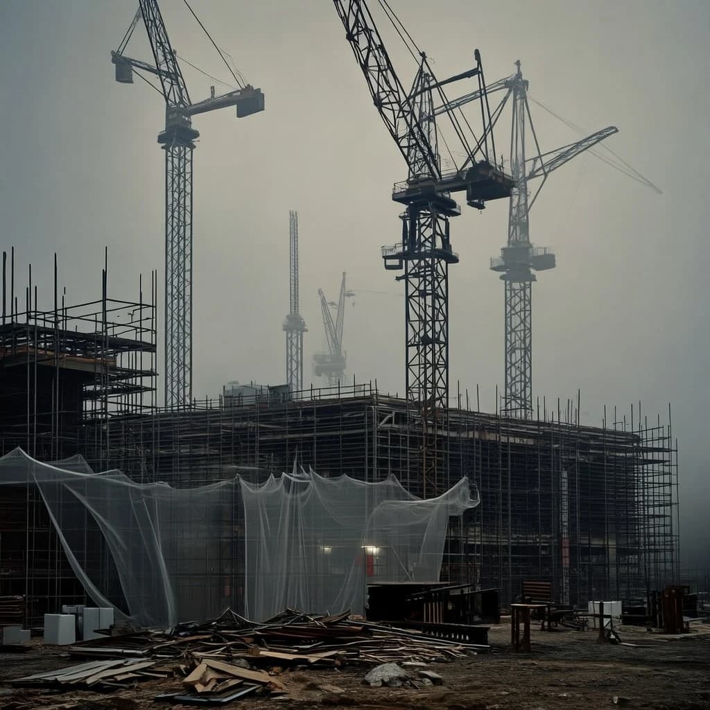 A construction site stretched upward into fog, cranes frozen in silhouette. Wind rattled scaffolding draped with torn mesh that glowed faintly from nearby billboards