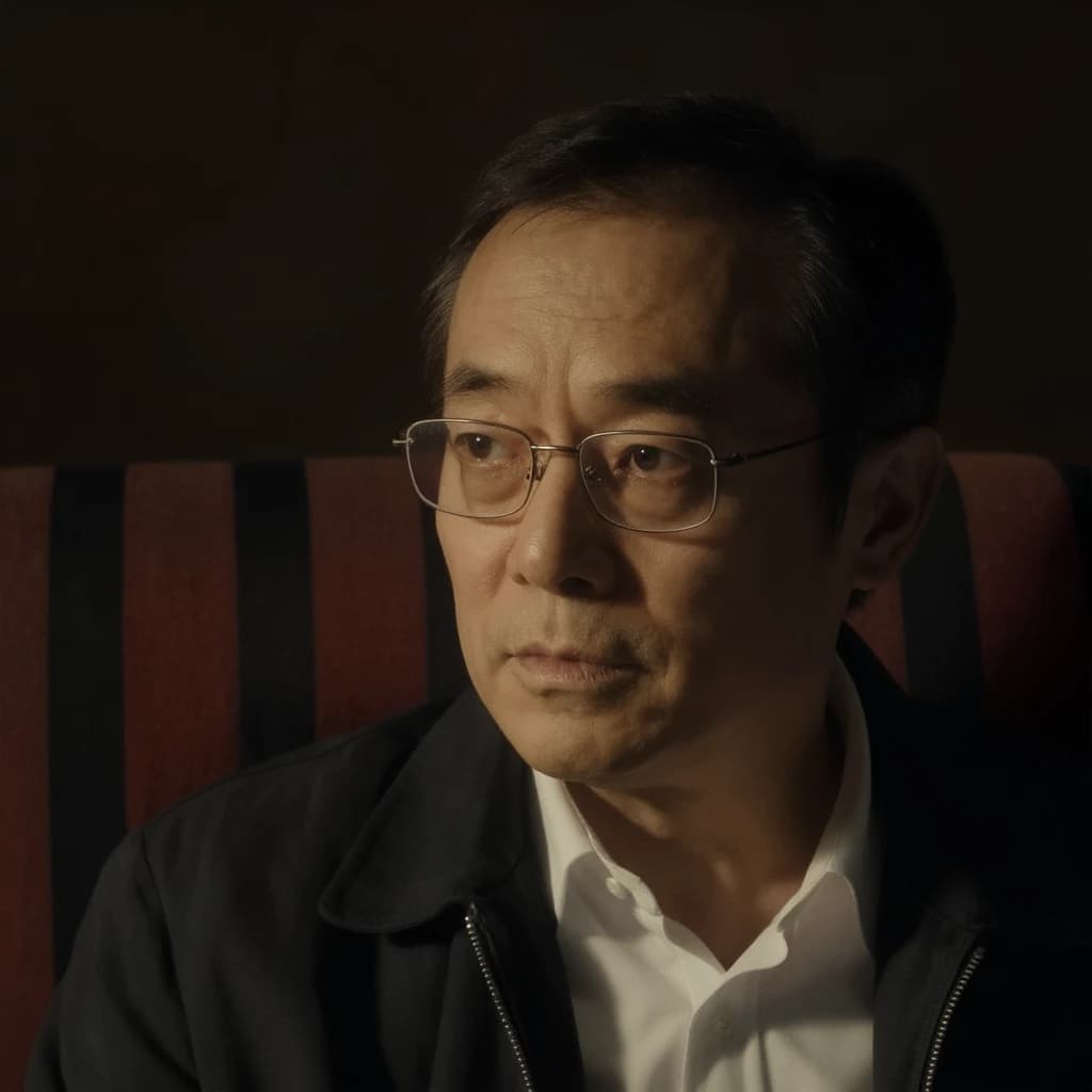 A sharply lit portrait of a middle-aged man wearing thin-rimmed glasses and a dark jacket over a white collared shirt. He gazes intently to the side, his face half illuminated by warm light while the background recedes into deep shadow. The expression is thoughtful, almost wary, as if caught mid-conversation. Behind him, a striped cushion in muted reds and blacks adds subtle texture, contrasting with the crisp highlights on his forehead and glasses. The overall mood is contemplative and cinematic, balancing warmth with tension.