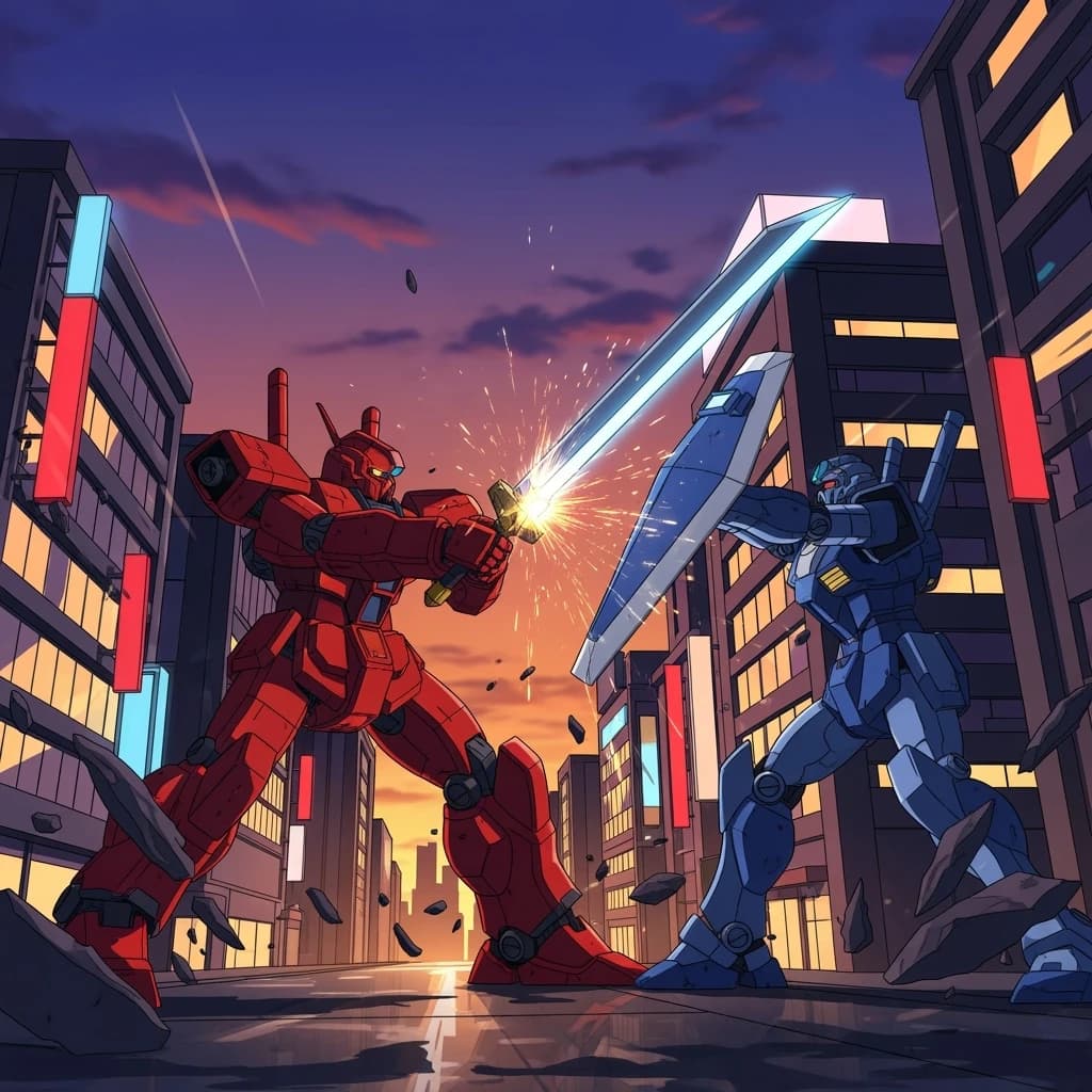 Make a cel-shaded mecha duel at dusk downtown.