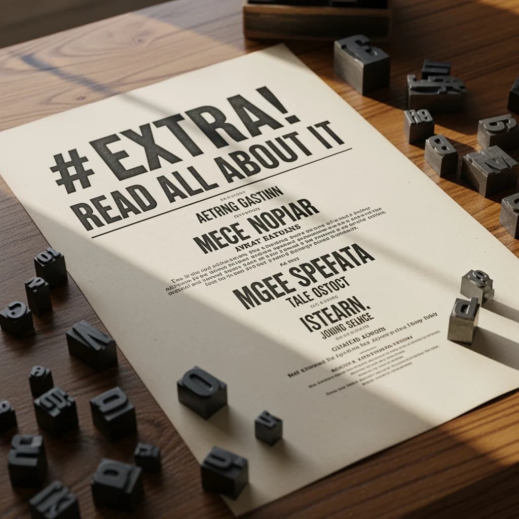 A vintage letterpress poster on a wooden desk: bold slab serif headline, tight kerning, misregistered ink, slightly worn edges, scattered metal type, soft window light.