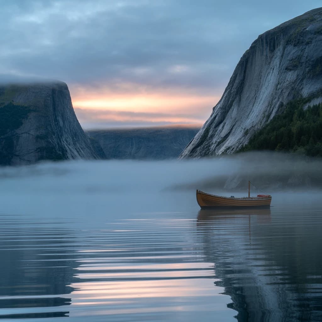 Frame a foggy fjord at sunrise, cliffs looming.