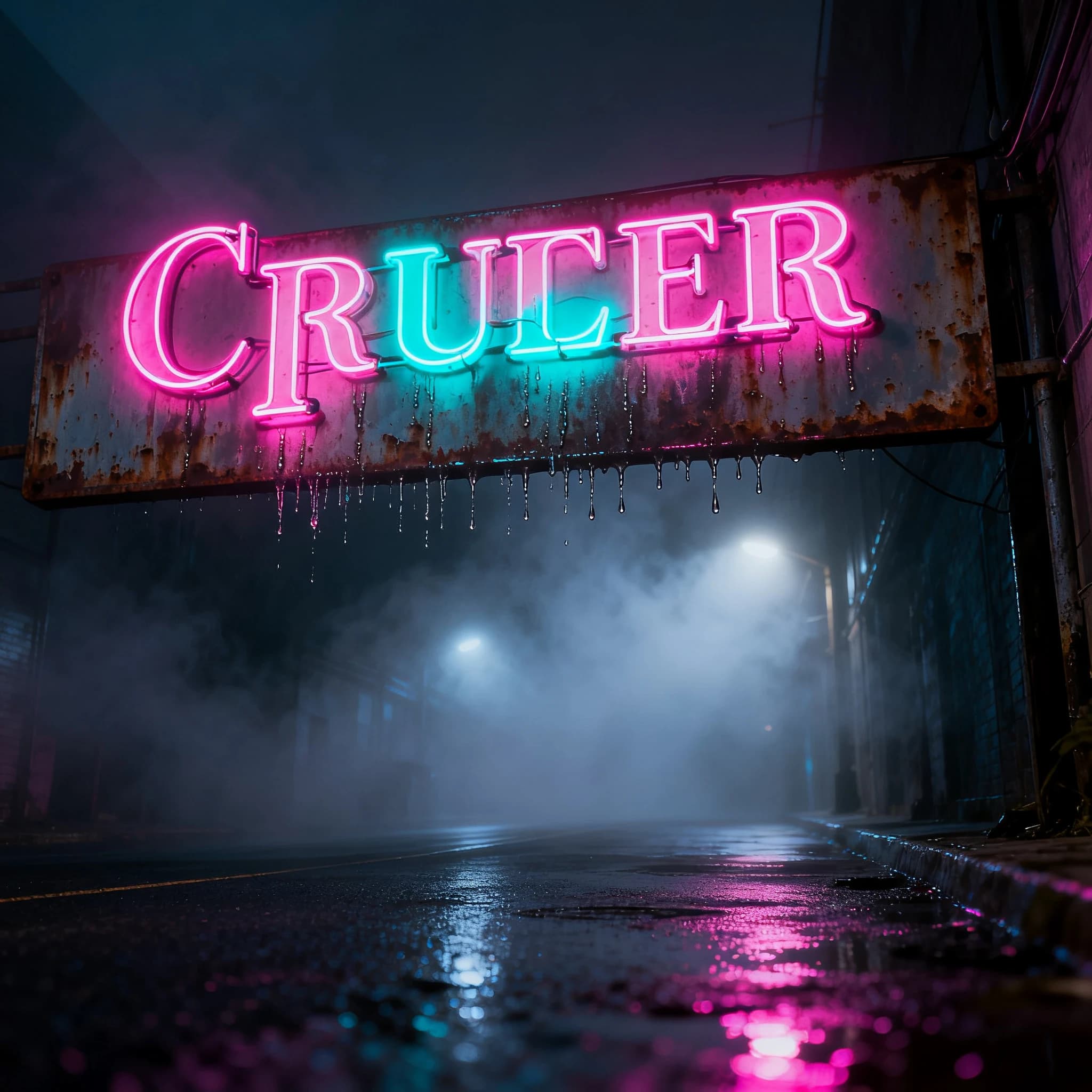 Neon serif letters flicker in a foggy alley, wet asphalt glowing a bit.