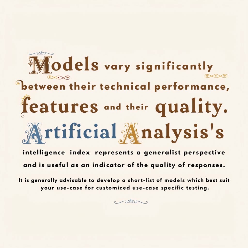 On a flat layout, write in an ornate baroque style "Models vary significantly between their technical performance, features and their quality. Artificial Analysis's intelligence index represents a generalist perspective and is useful as an indicator of the quality of responses. It is generally advisable to develop a short-list of models which best suit your use-case for customized use-case specific testing. "