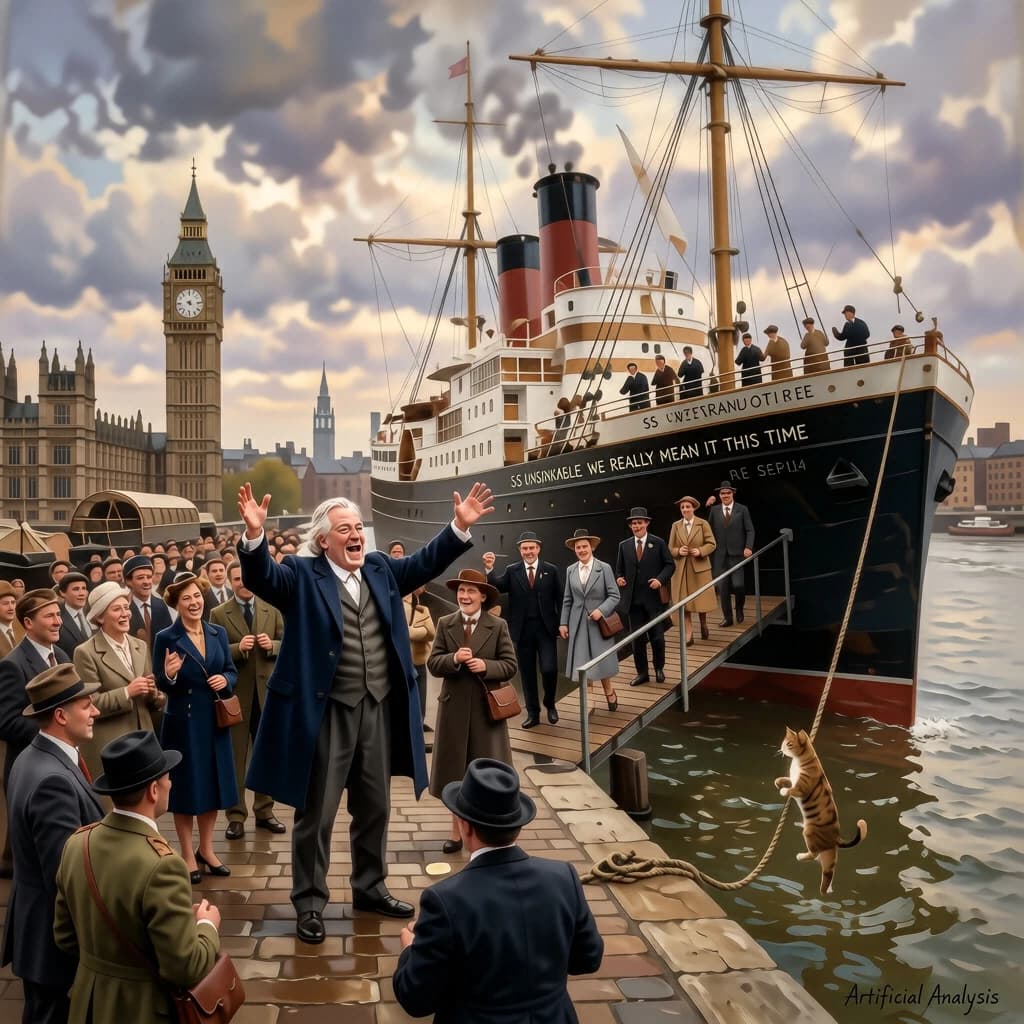 An impressionistic painting of the mighty steamer the "SS Unsinkable We Really Mean It This Time" on a cloudy but bright London morning about to set out on her maiden voyage. A jubilant crowd is gathered on the dock around the paunchy mayor who is making a speech, gesticulating wildly with his hands. The gangways are busy with well heeled ladies and gentlemen making their way onto the ship. A cheeky cat hangs over the water, clinging to the mooring rope after an ill-fated attempt to climb up. The artist has signed his name "Artificial Analysis" in the bottom corner