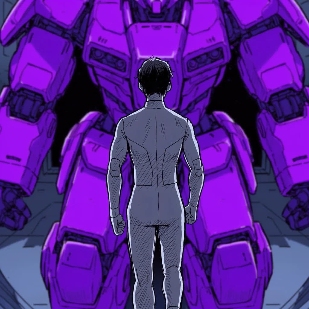 Clad in his body suit up to the neck, young Masa nervously approaches the towering mech with his back facing us. He is nervous for his first time in the field. The mech's bright purple colour scheme contrasts with the grey body suit. The scale of the mech dwarfs Masa. Hand drawn style