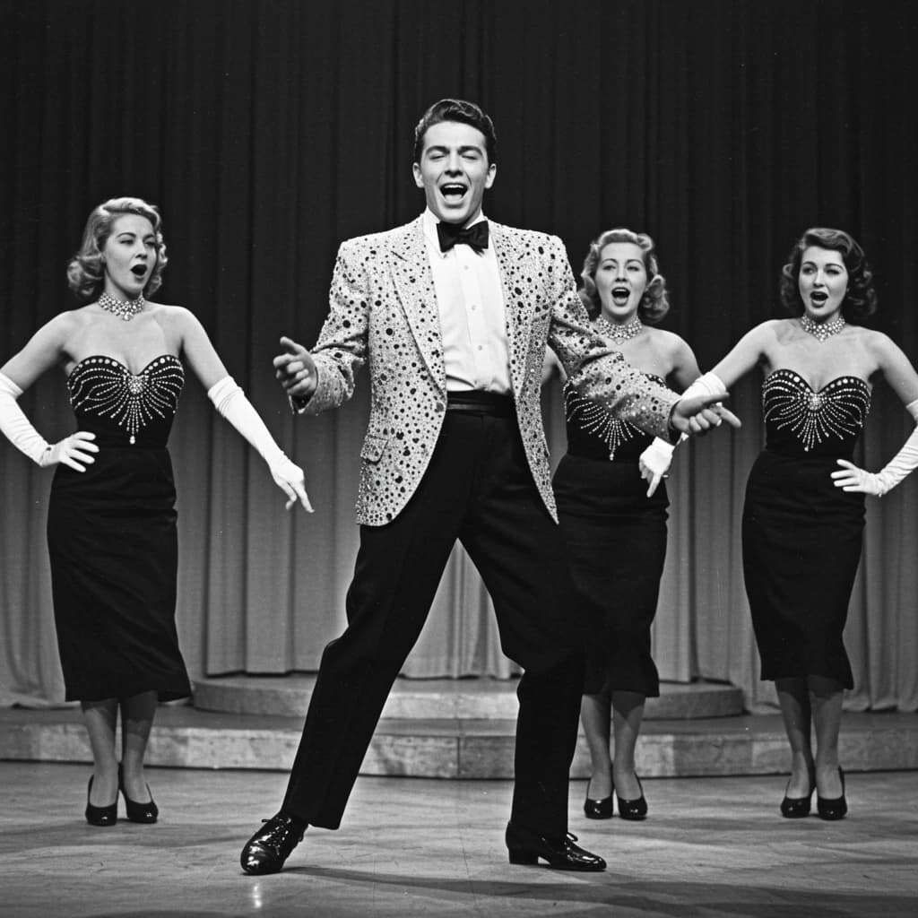 An archival image from 1953 of the rock singer swinging his hips on the stage while glamorous back up singers feign shock at his gyrations! He wears a diamond encrusted jacket with the stones arranged in the shape of a heart