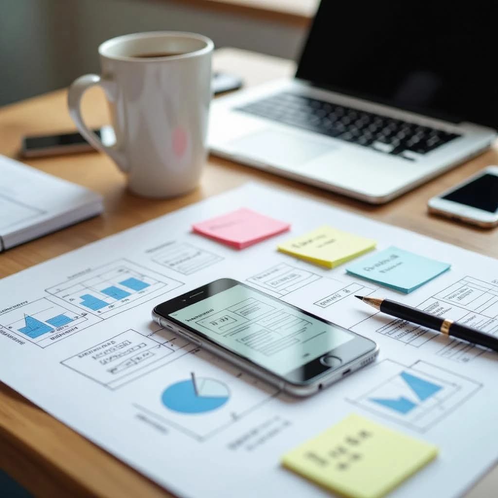 Close-up photo shows a messy desk, wireframes, sticky notes, mobile mockup, mug.