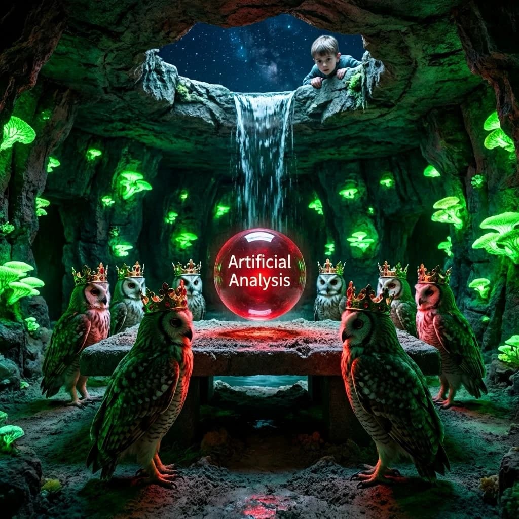 In a cavern lined with bioluminescent fungi glowing lime green, the council of owls wear jeweled crowns that glimmer with rubies, their wings folded behind their backs. Dust coats the stone table, a glowing orb inscribed with “Artificial Analysis” hovers above the table illuminating the owls with its red pulsating light. Behind them, a waterfall falls upward into a ceiling that opens onto stars - a child looks down in wonder from above at what he has stumbled across.
