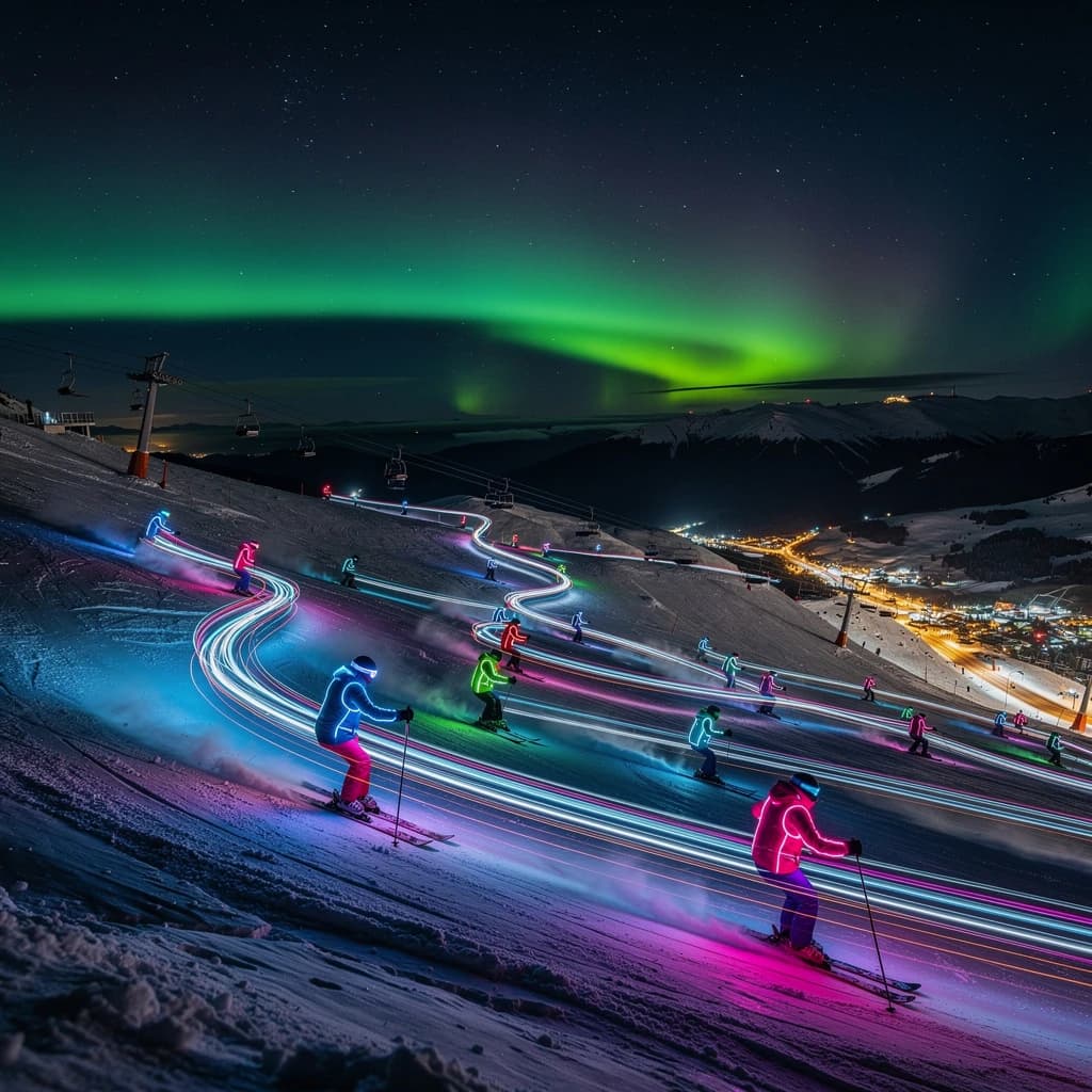 Coronet Peak Night Skiing: Skiers in colorful LED suits carve their way down the slopes of New Zealand's Coronet Peak under the Aurora Borealis, the skiers' light trails visible behind them