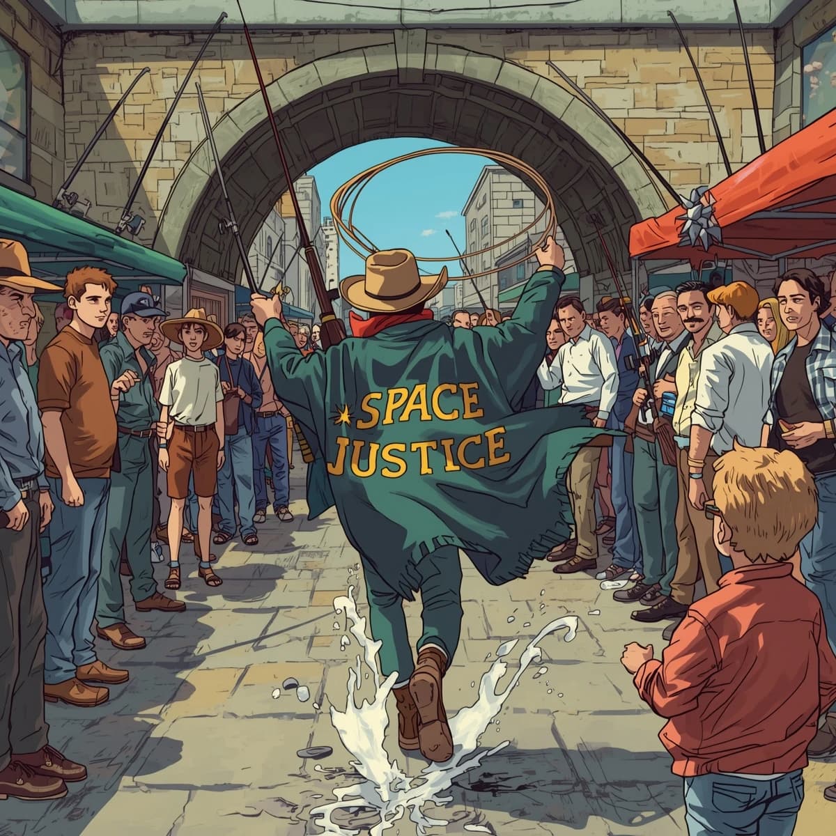 The space cowboy chases the deranged fisherman underneath the causeway, eager to collect on his bounty. Fishing rods and lines hang off the back off the fishermen as he darts between the bustling market crowd. We see the back of the space cowboy in his space poncho emblazoned with the words SPACE JUSTICE, spinning his lasso over his head. A child on the sidelines excitedly cheers the cowboy. 1990s hand drawn anime style with strong fluidity