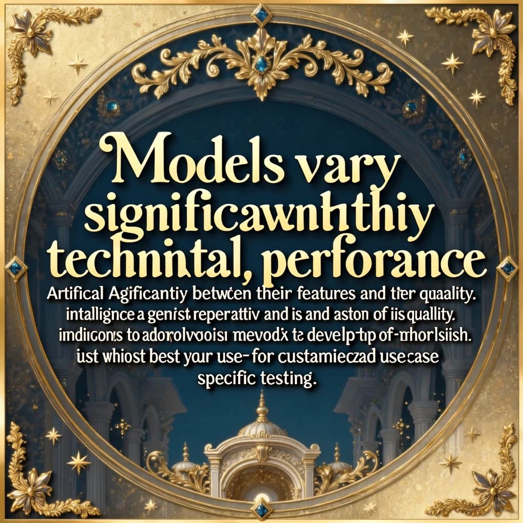 On a flat layout, write in an ornate baroque style "Models vary significantly between their technical performance, features and their quality. Artificial Analysis's intelligence index represents a generalist perspective and is useful as an indicator of the quality of responses. It is generally advisable to develop a short-list of models which best suit your use-case for customized use-case specific testing. "