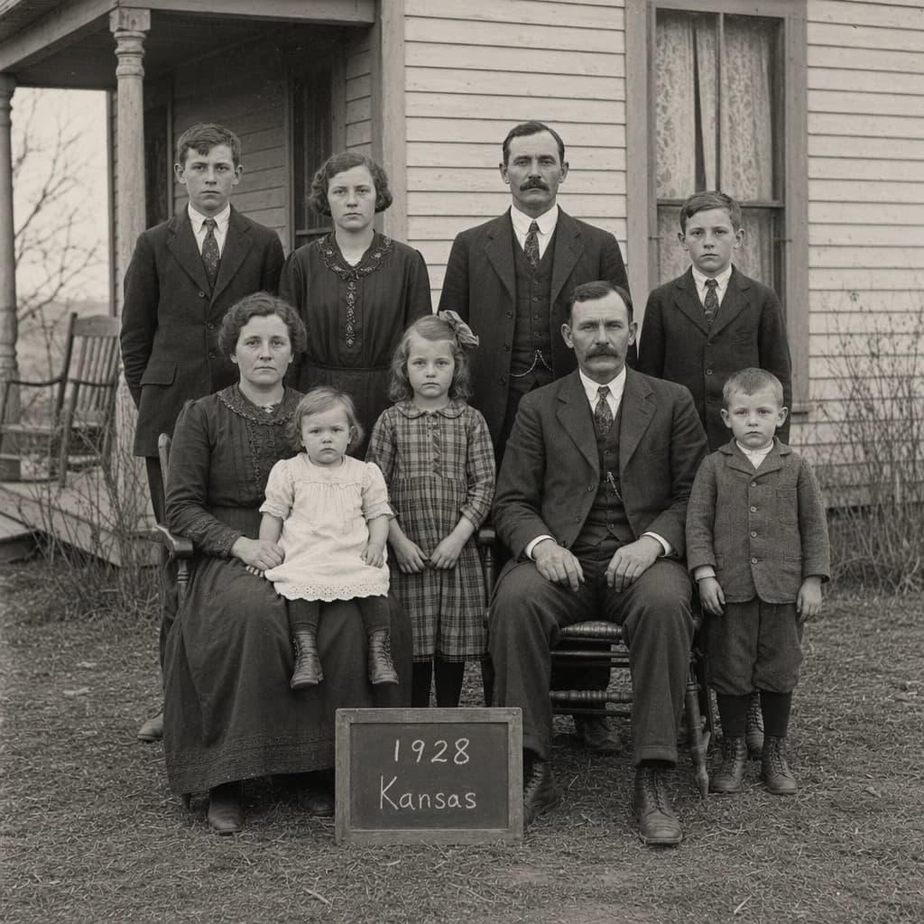 Everybody holds still and nobody smiles for the family portrait. It's 1928 in Kansas