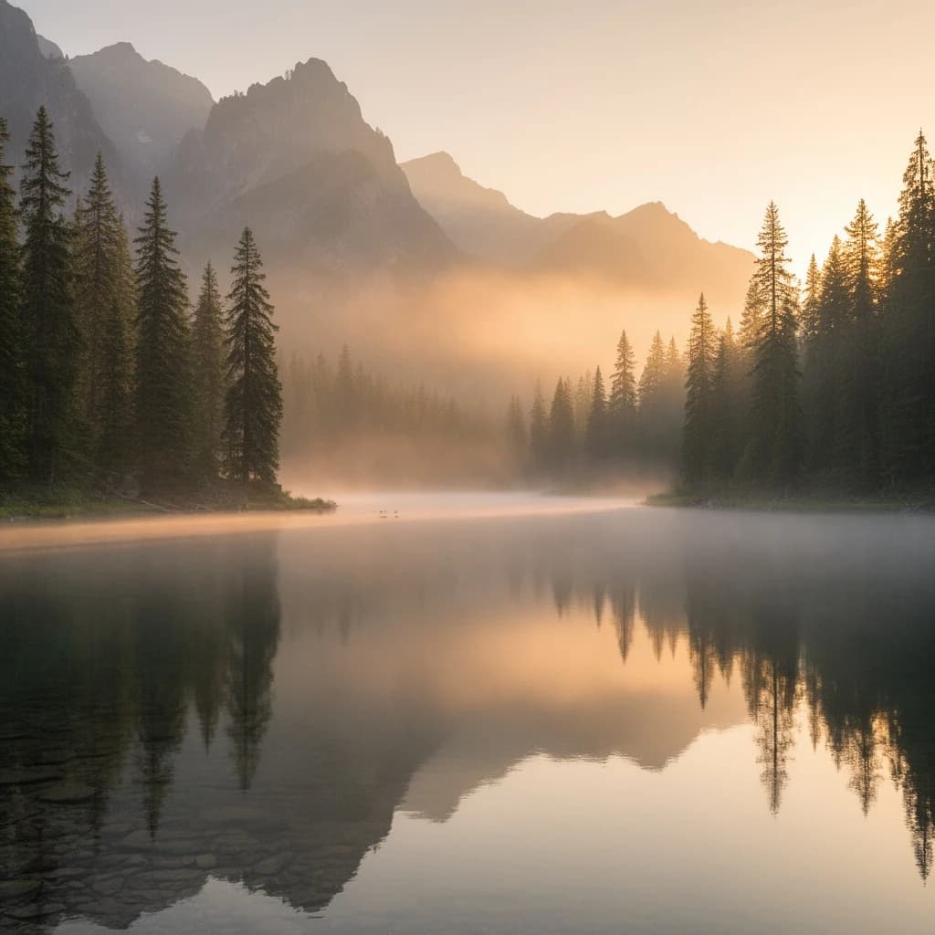 I want a photo of a misty alpine lake at dawn, pines, glassy water, warm light.