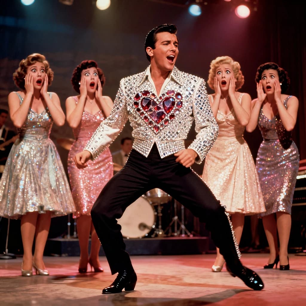 An archival image from 1953 of the rock singer swinging his hips on the stage while glamorous back up singers feign shock at his gyrations! He wears a diamond encrusted jacket with the stones arranged in the shape of a heart