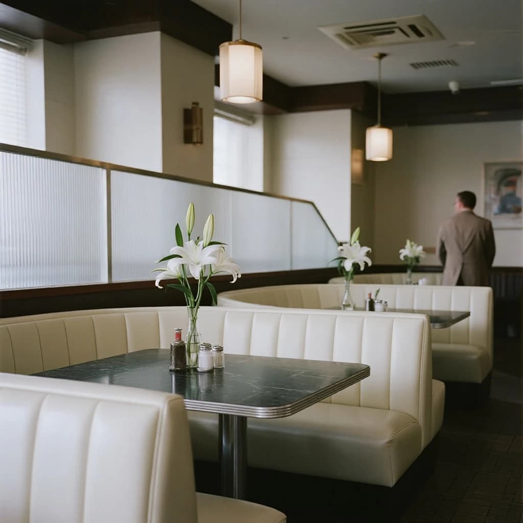 The place is almost empty. The banquettes are covered in white leather, the tables black granite, and the entire room is bathed in halogen track lighting that seems too bright. The maître d’ wears a double-breasted wool crepe jacket. There are lilies on every table.