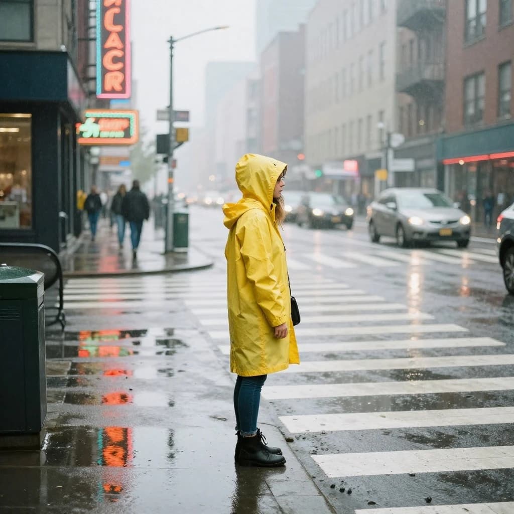 A sunlit city street after rain; puddles mirror neon signs as a woman in a yellow raincoat waits at a crosswalk, soft mist, 50mm look, natural tones, a bit of film grain.
