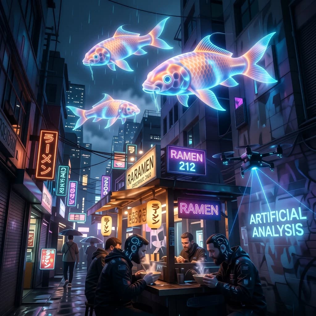 A neon alley in Neo-Tokyo 2142 drips with rain Cybernetic patrons slurp ramen at a stall with their glowing implants humming with blue light. Three giant holographic koi hover 10 metres above the ground and swim across the skyline, one has clipped into a building. A six-prop drone hovers nearby, projecting "Artificial Analysis" onto a wall with blue laser beams visible
