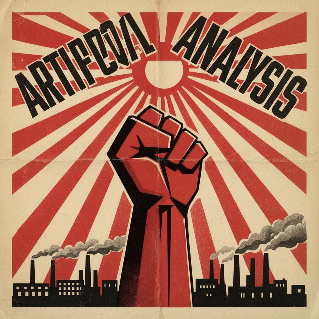 A propaganda poster in stark red, black, and beige. A clenched fist rises in the foreground, rendered with sharp geometric blocks. Behind it, radiating lines stretch upward toward a stylized sun. At the top, bold sans-serif lettering in Cyrillic-inspired type spells out Artificial Analysis, tilted at an angle for emphasis. A factory skyline silhouettes the bottom edge, smoke stacks rising into the background. The texture is rough, printed on aged paper with visible creases and ink bleed. Designed in the constructivist Soviet poster style.