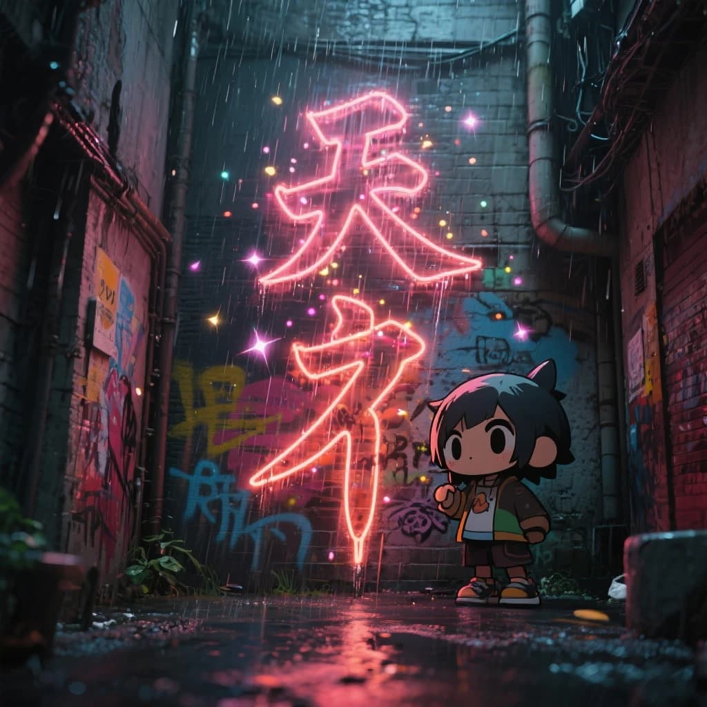 Chibi artist sprays huge neon kanji on a rainy alley wall, with sparkles.