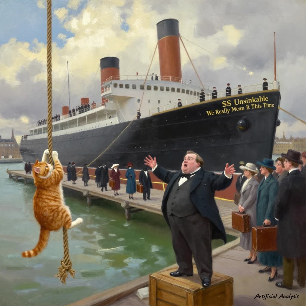 An impressionistic painting of the mighty steamer the "SS Unsinkable We Really Mean It This Time" on a cloudy but bright London morning about to set out on her maiden voyage. A jubilant crowd is gathered on the dock around the paunchy mayor who is making a speech, gesticulating wildly with his hands. The gangways are busy with well heeled ladies and gentlemen making their way onto the ship. A cheeky cat hangs over the water, clinging to the mooring rope after an ill-fated attempt to climb up. The artist has signed his name "Artificial Analysis" in the bottom corner
