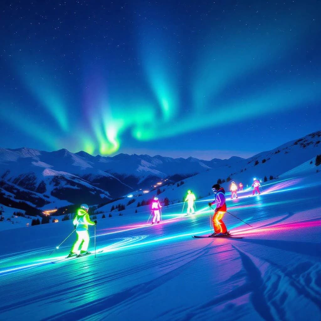 Coronet Peak Night Skiing: Skiers in colorful LED suits carve their way down the slopes of New Zealand's Coronet Peak under the Aurora Borealis, the skiers' light trails visible behind them