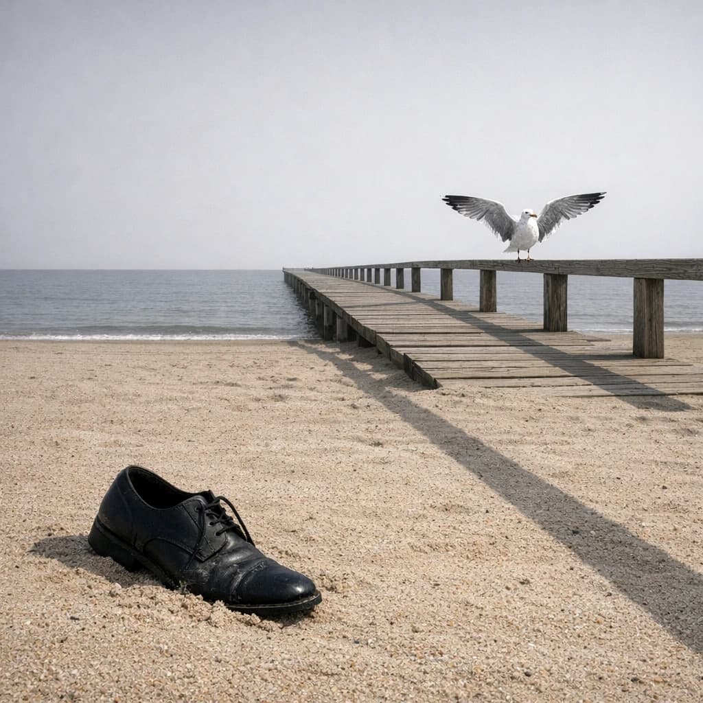 The beach is flat, sand beige, granular, no shells, except for a single left shoe, black leather, size eleven, half buried at an angle. The pier extends straight into the water, wood untreated, grain visible, though the support posts vanish before they touch the surface. The sky is uniformly gray, no clouds, yet shadows stretch at sharp diagonals. A single gull sits on the railing, wings outstretched, frozen mid-flap, no movement.