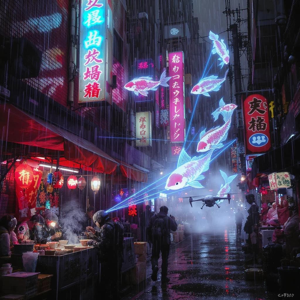 A neon alley in Neo-Tokyo 2142 drips with rain Cybernetic patrons slurp ramen at a stall with their glowing implants humming with blue light. Three giant holographic koi hover 10 metres above the ground and swim across the skyline, one has clipped into a building. A six-prop drone hovers nearby, projecting "Artificial Analysis" onto a wall with blue laser beams visible