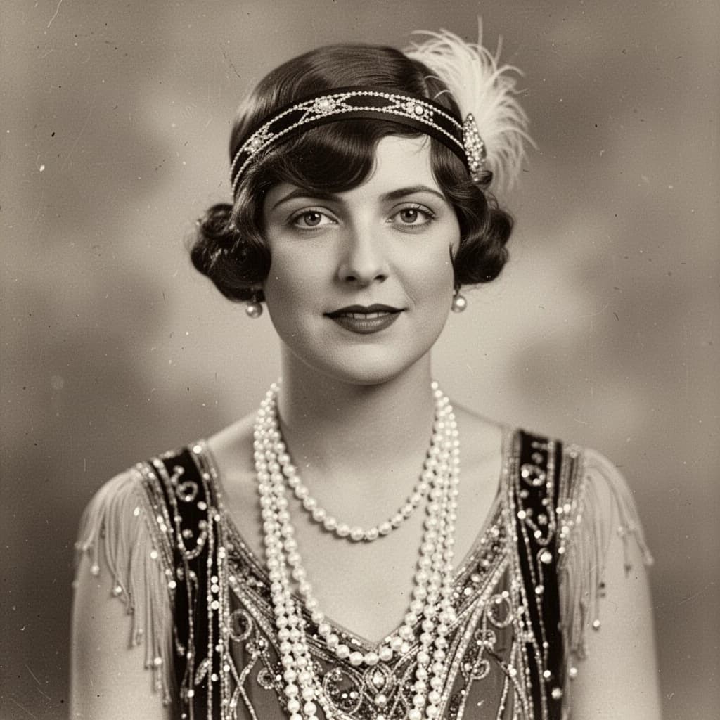 Sepia-toned studio portrait of a flapper with pearl necklace, soft grain.