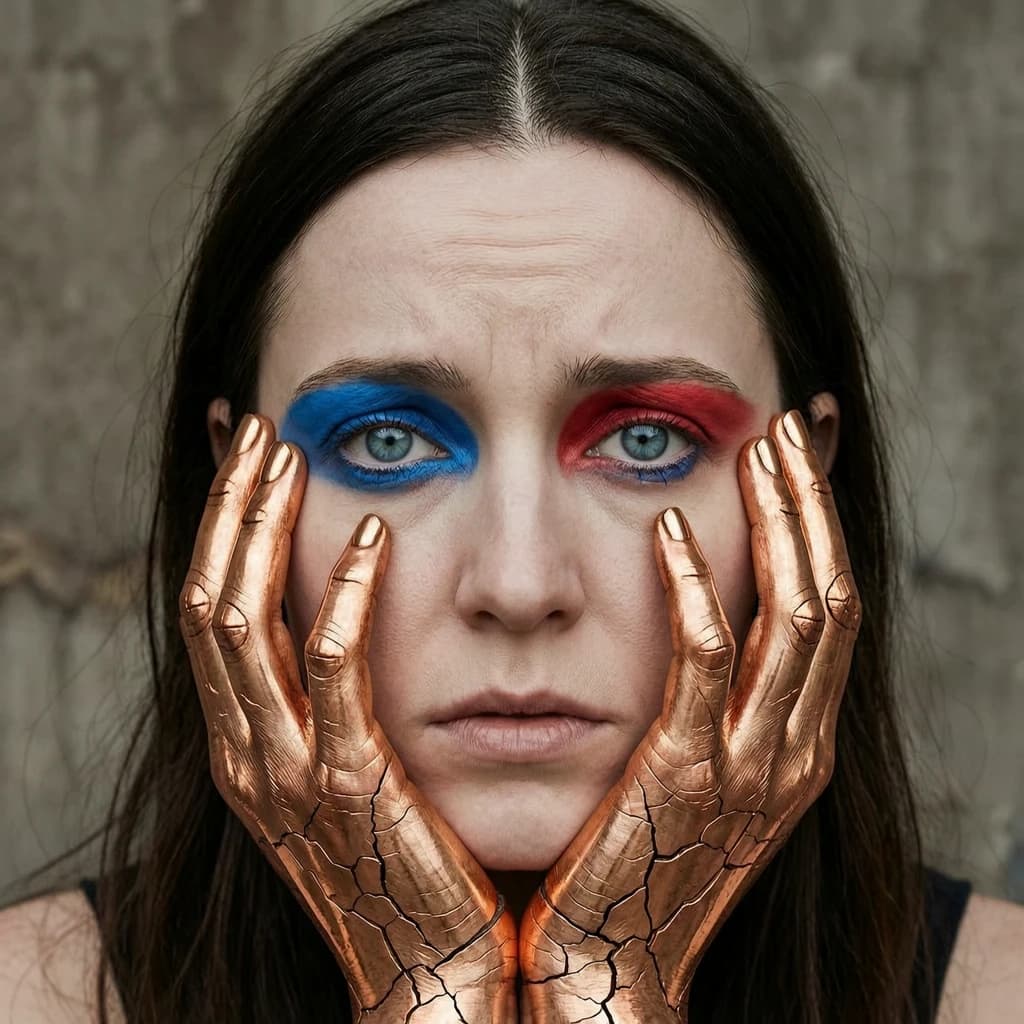 A striking close-up portrait of a woman with cracked metallic copper-painted hands framing her face. Her vivid blue and red eye makeup contrasts sharply with the smooth, pale skin and muted background, creating a bold, surreal composition. She displays an air of uncertainty about her