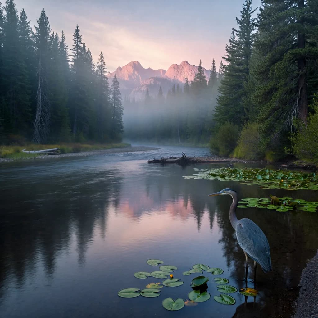 With pre-dawn mist along a cedar forest river and glassy water dotted with lily pads, distant mountains blush pink, and a heron stands still like it forgot what to do next.