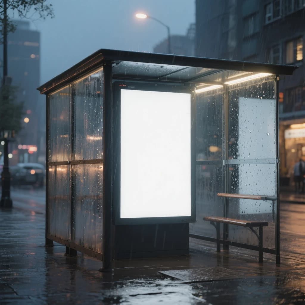 Show a billboard mockup at dusk: glass bus stop shelter, glowing lightbox, blank ad panel, city blur, raindrops, space for copy, looks premium but a bit gritty.