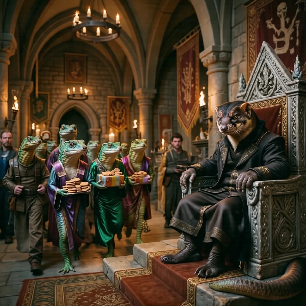 Big Weasel, the tyrannical ruler of the Levitus, slouches on his throne, his mood foul but somewhat brightened by the sight of gifts - a wearisome group of lizard traders adorned in fine silks proceed toward him through the hall with their annual tribute of biscuits, ham and gold - Big Weasel's favourites. Big Weasel's entourage looks on with stern approval.