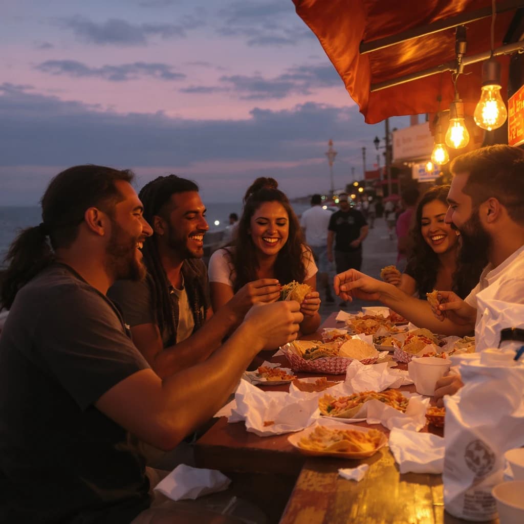 Friends laugh over street tacos at dusk, candid, shallow depth.