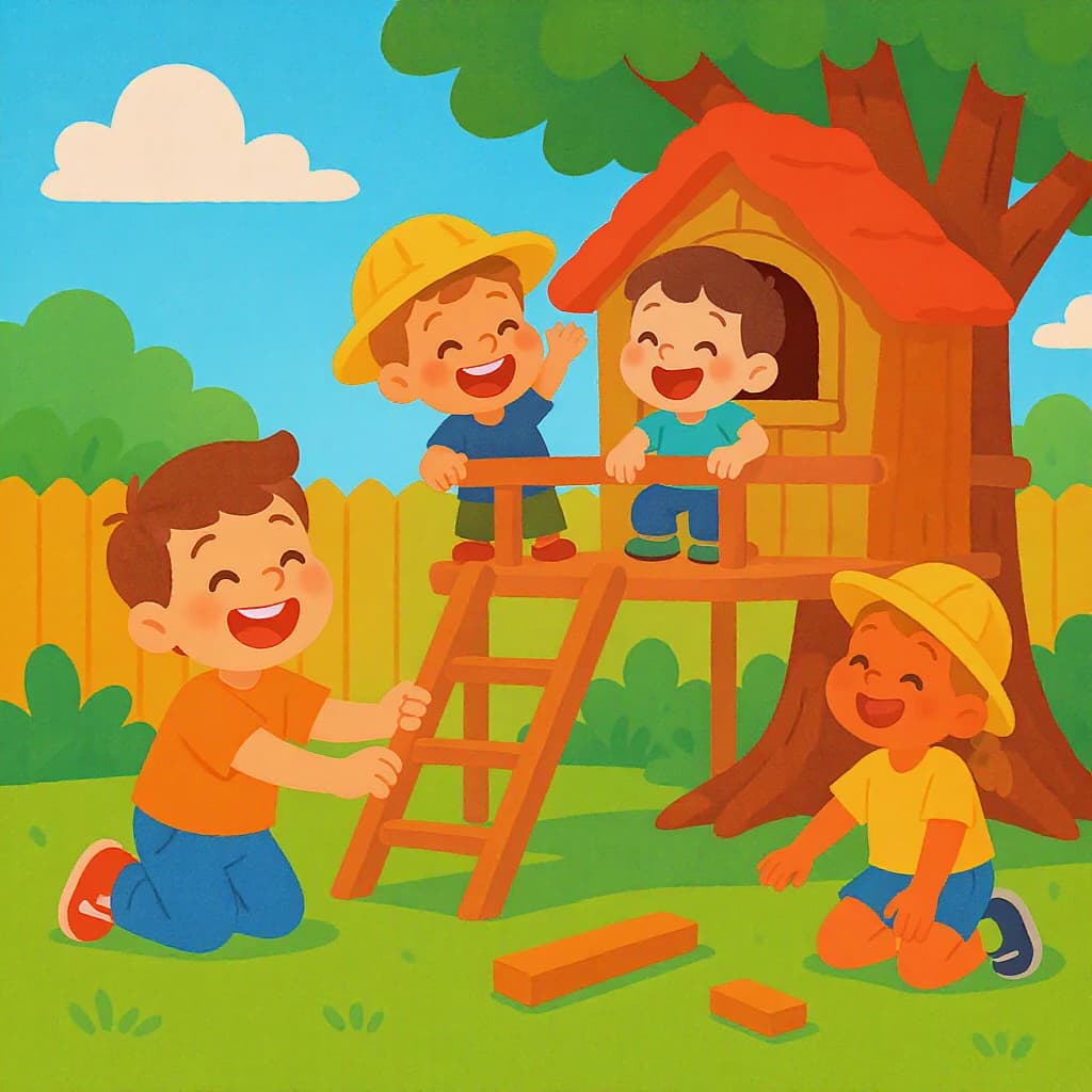 Kids build a backyard treehouse and laugh, bright flat colors, chunky outlines.