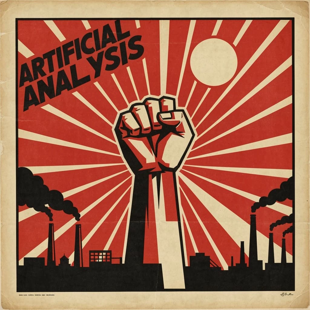 A propaganda poster in stark red, black, and beige. A clenched fist rises in the foreground, rendered with sharp geometric blocks. Behind it, radiating lines stretch upward toward a stylized sun. At the top, bold sans-serif lettering in Cyrillic-inspired type spells out Artificial Analysis, tilted at an angle for emphasis. A factory skyline silhouettes the bottom edge, smoke stacks rising into the background. The texture is rough, printed on aged paper with visible creases and ink bleed. Designed in the constructivist Soviet poster style.