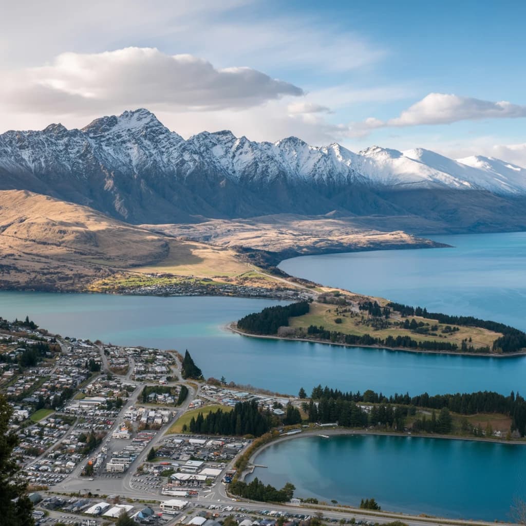 Queenstown's Lake Wakatipu, viewed from the top of Queenstown Hill after a snowstorm just dusted the top of Cecil's Peak