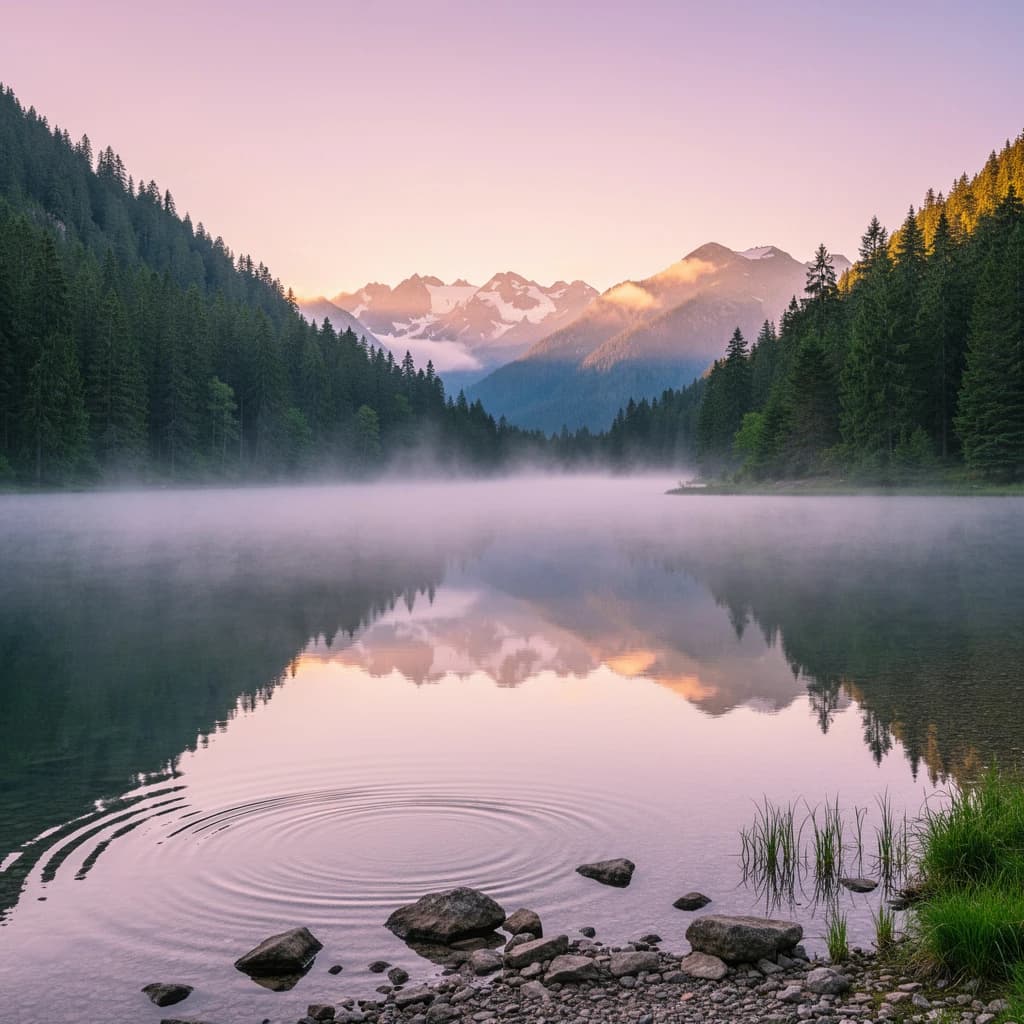 I want a photo of a misty alpine lake at dawn, pines, glassy water, warm light.