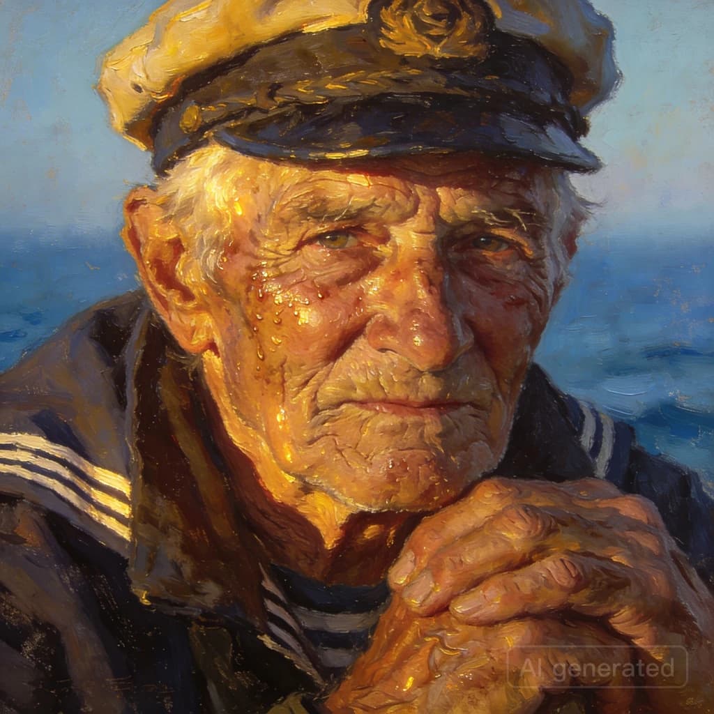 Oil on canvas portrait of an elderly sailor, weathered face, soft light.
