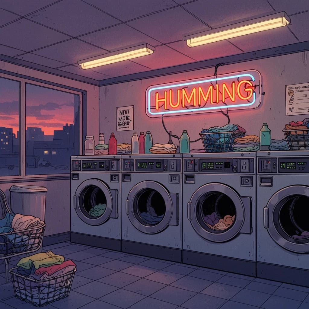 A cozy laundromat at dusk, neon humming, flat colors, bold inked lines.