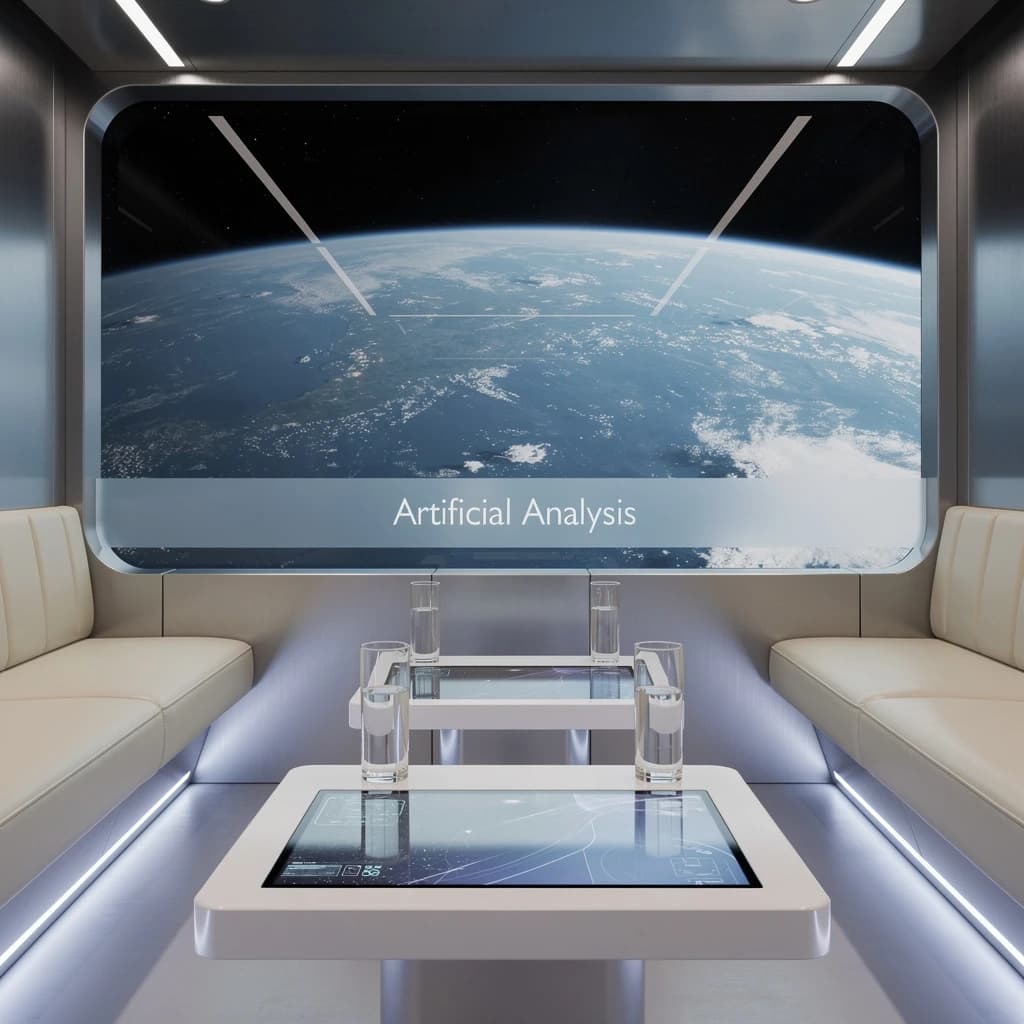 The orbital lounge has brushed aluminum walls and pale leather banquettes. Low white tables are inset with glowing touchscreens. Drinks are clear, flavorless, in tall unmarked glasses. The viewport is floor-to-ceiling, showing Earth moving slowly beneath. The word Artificial Analysis is etched discreetly on the glass in a frosted band.