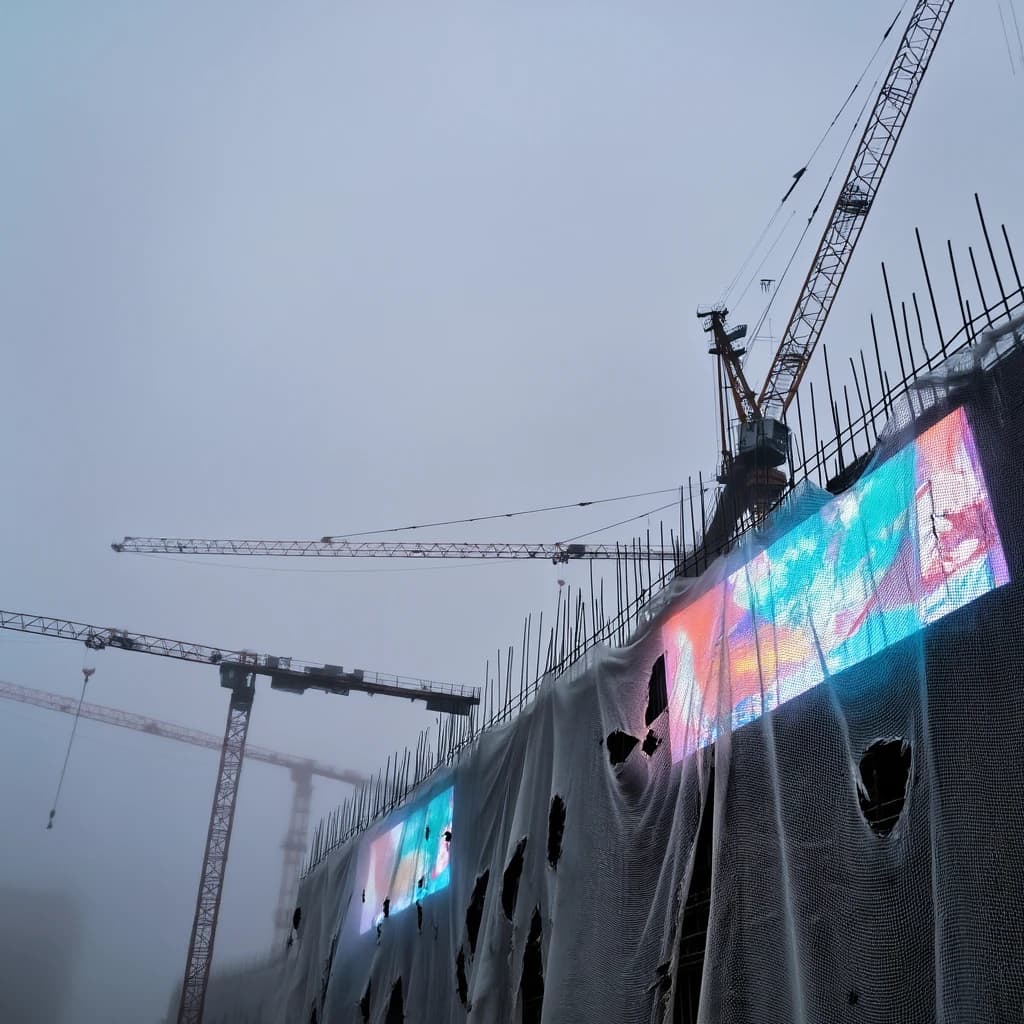 A construction site stretched upward into fog, cranes frozen in silhouette. Wind rattled scaffolding draped with torn mesh that glowed faintly from nearby billboards