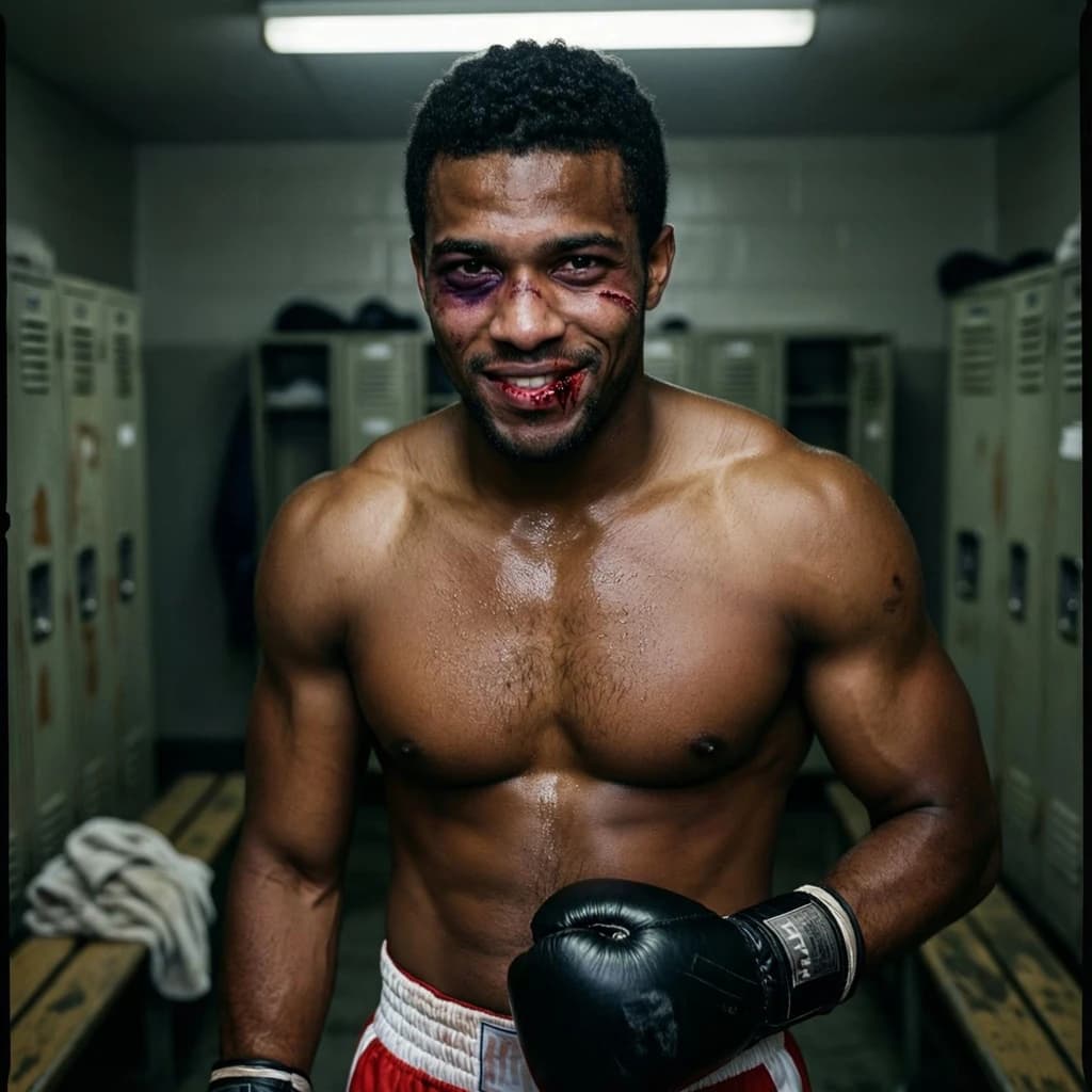 Paint a bruised boxer smiling, serious expression.