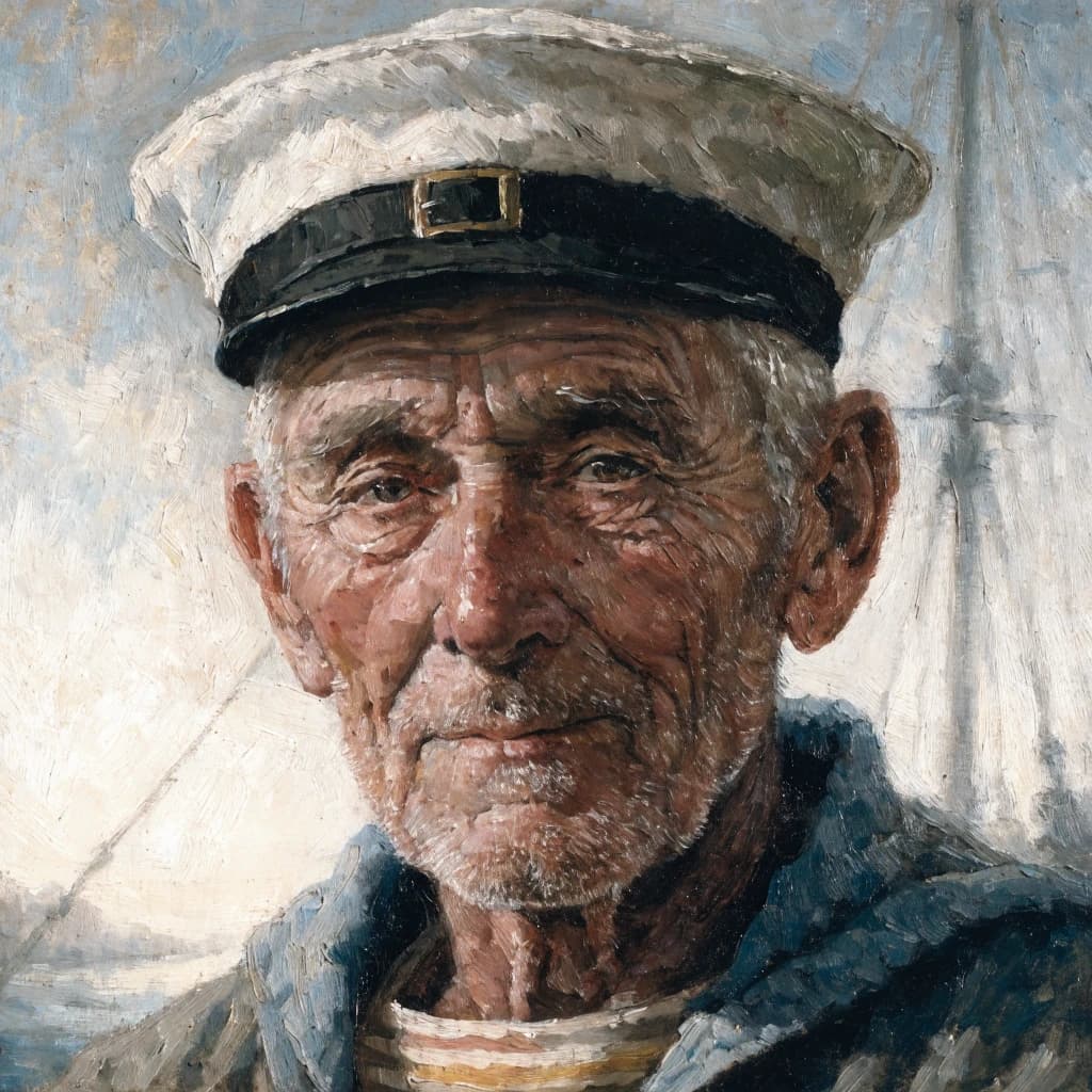 Oil on canvas portrait of an elderly sailor, weathered face, soft light.
